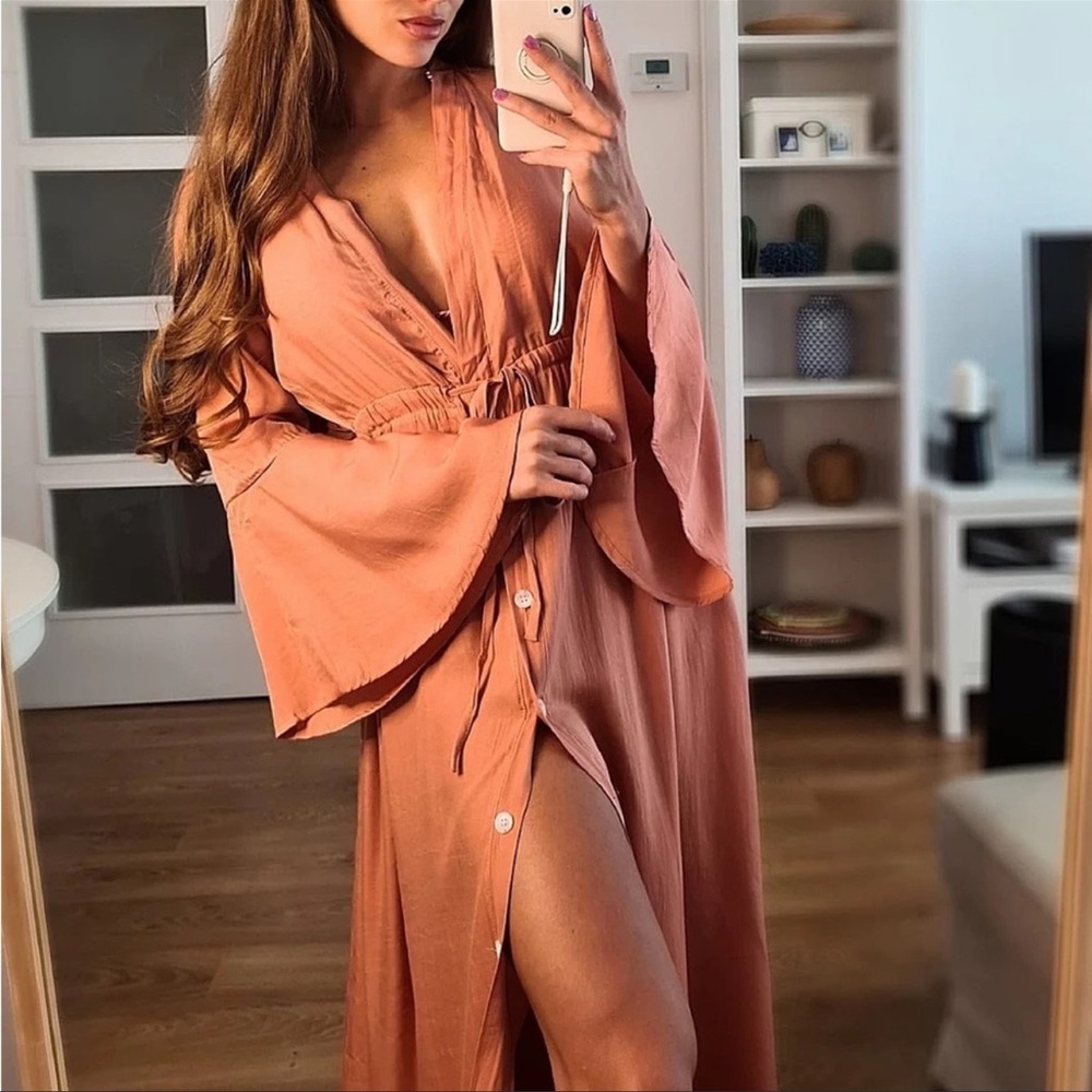 Lena Vie Coral Cotton Summer Maxi Dress Flowy Beach A Line Button Down Maxi